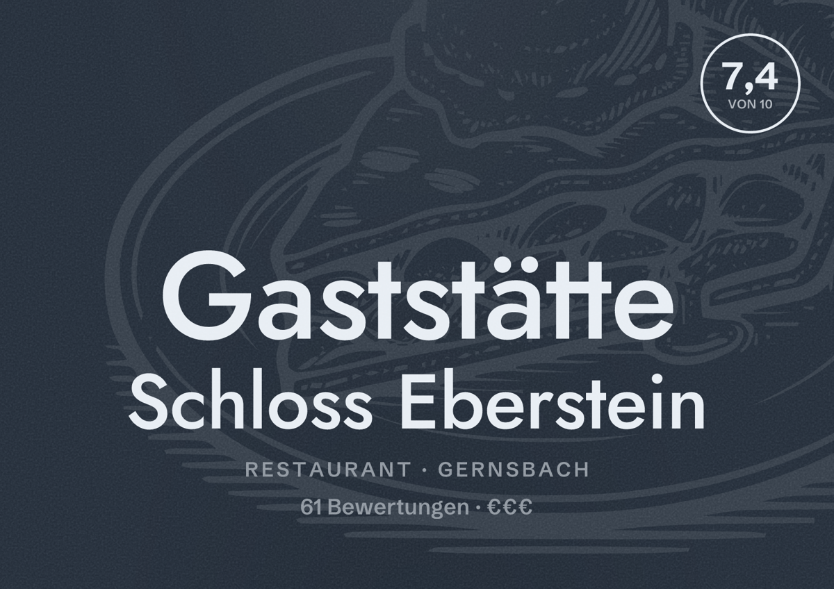 Illustriertes Poster von Gaststätte Schloss Eberstein, Restaurant in Gernsbach: Bewertung 7,4 von 10 aus 61 Bewertungen, Preisniveau €€€