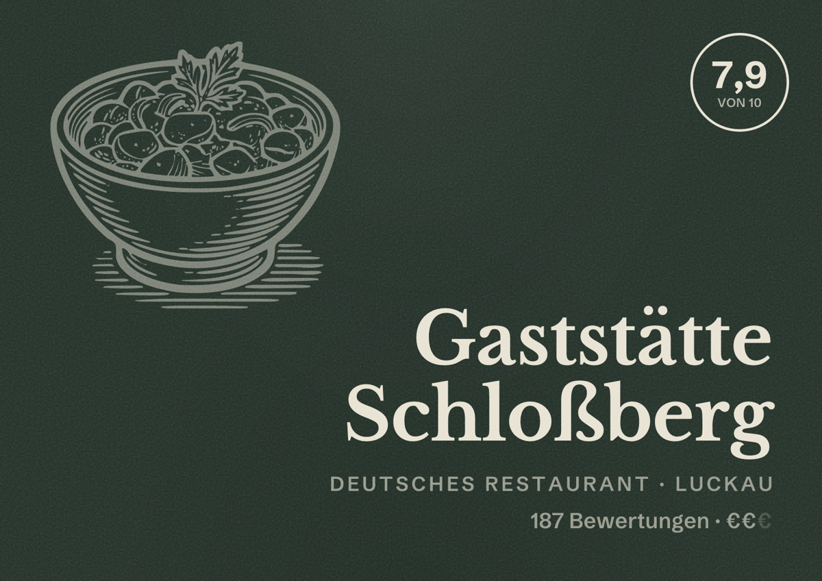 Illustriertes Poster von Gaststätte Schloßberg, Deutsches Restaurant in Luckau: Bewertung 7,9 von 10 aus 187 Bewertungen, Preisniveau €€