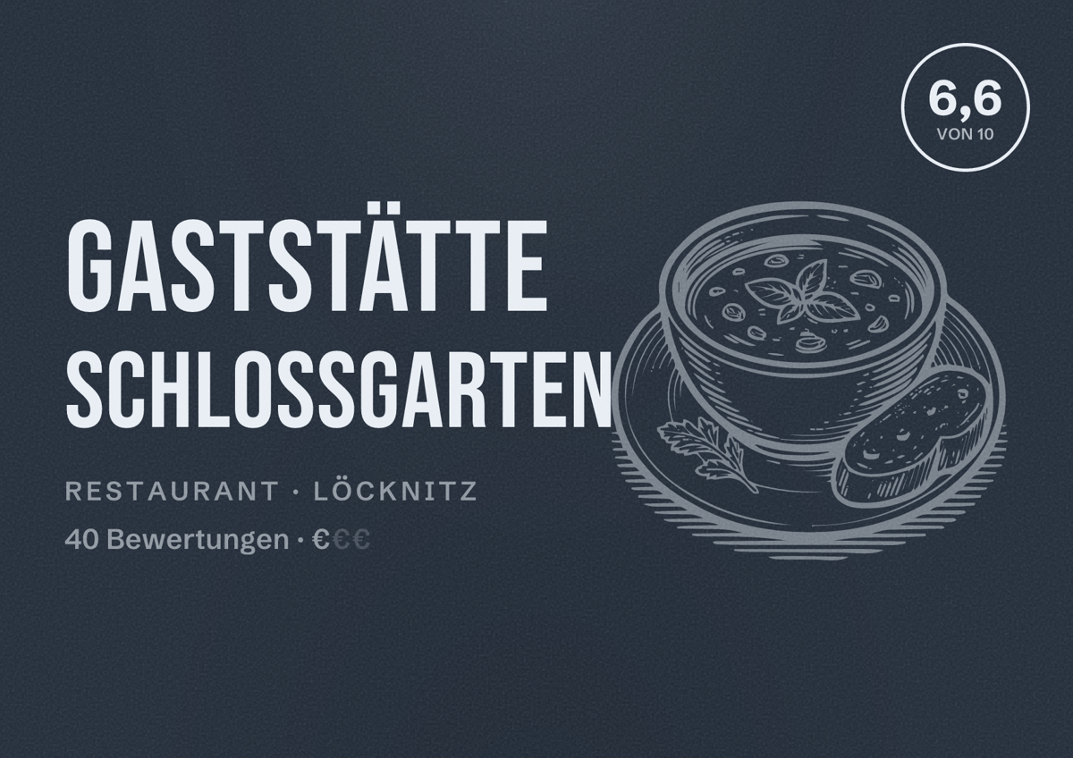 Illustriertes Poster von Gaststätte Schloßgarten, Restaurant in Löcknitz: Bewertung 6,6 von 10 aus 40 Bewertungen, Preisniveau €