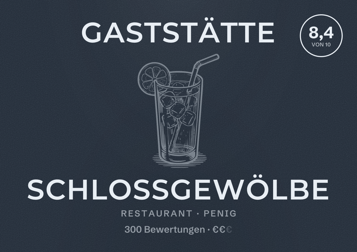 Illustriertes Poster von Gaststätte Schloßgewölbe, Restaurant in Penig: Bewertung 8,4 von 10 aus 300 Bewertungen, Preisniveau €€