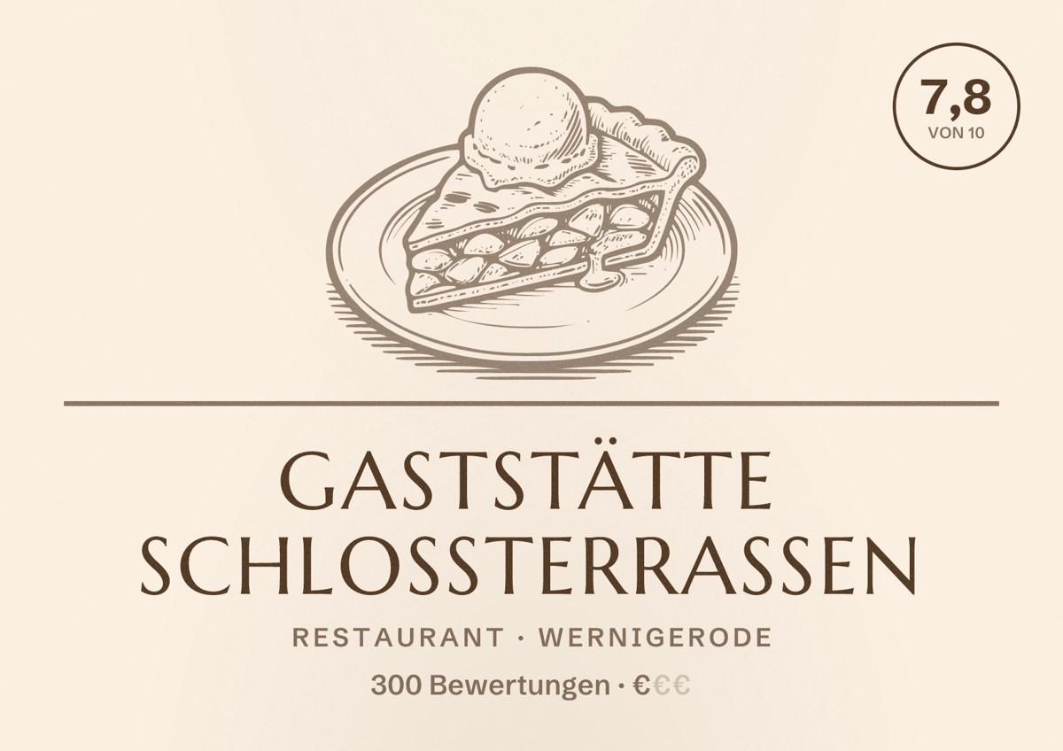Illustriertes Poster von Gaststätte Schlossterrassen, Restaurant in Wernigerode: Bewertung 7,8 von 10 aus 300 Bewertungen, Preisniveau €