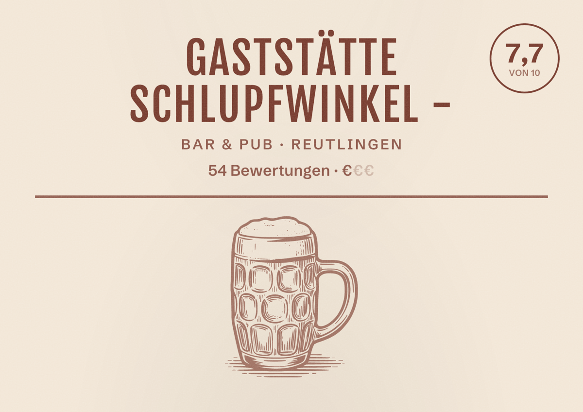Illustriertes Poster von Gaststätte Schlupfwinkel -, Bar & Pub in Reutlingen: Bewertung 7,7 von 10 aus 54 Bewertungen, Preisniveau €