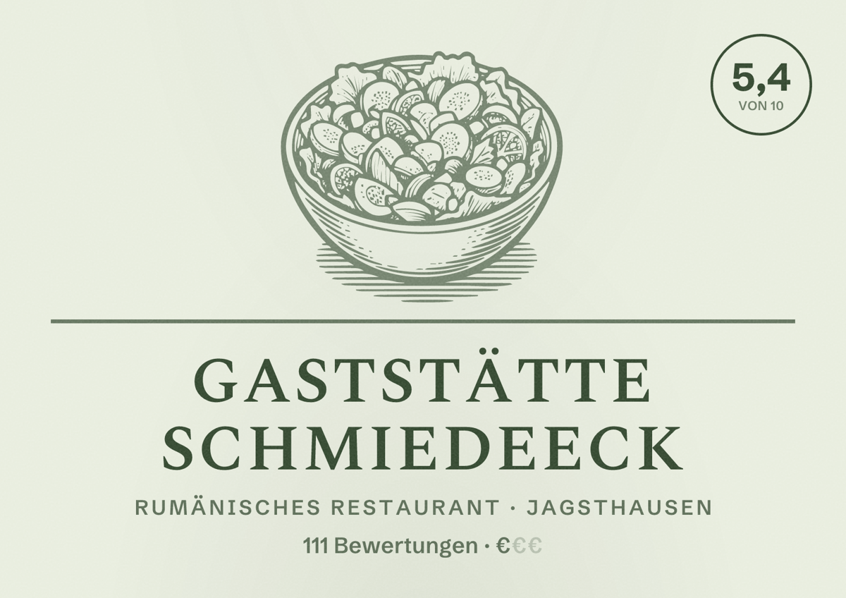 Illustriertes Poster von Gaststätte Schmiedeeck, Rumänisches Restaurant in Jagsthausen: Bewertung 5,4 von 10 aus 111 Bewertungen, Preisniveau €