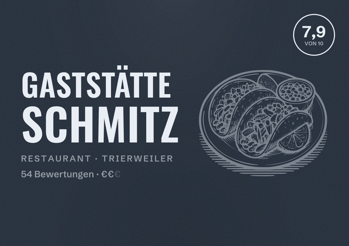 Illustriertes Poster von Gaststätte Schmitz, Restaurant in Trierweiler: Bewertung 7,9 von 10 aus 54 Bewertungen, Preisniveau €€