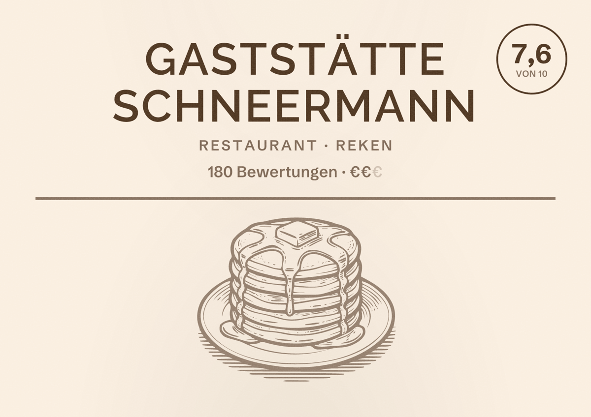Illustriertes Poster von Gaststätte Schneermann, Restaurant in Reken: Bewertung 7,6 von 10 aus 180 Bewertungen, Preisniveau €€