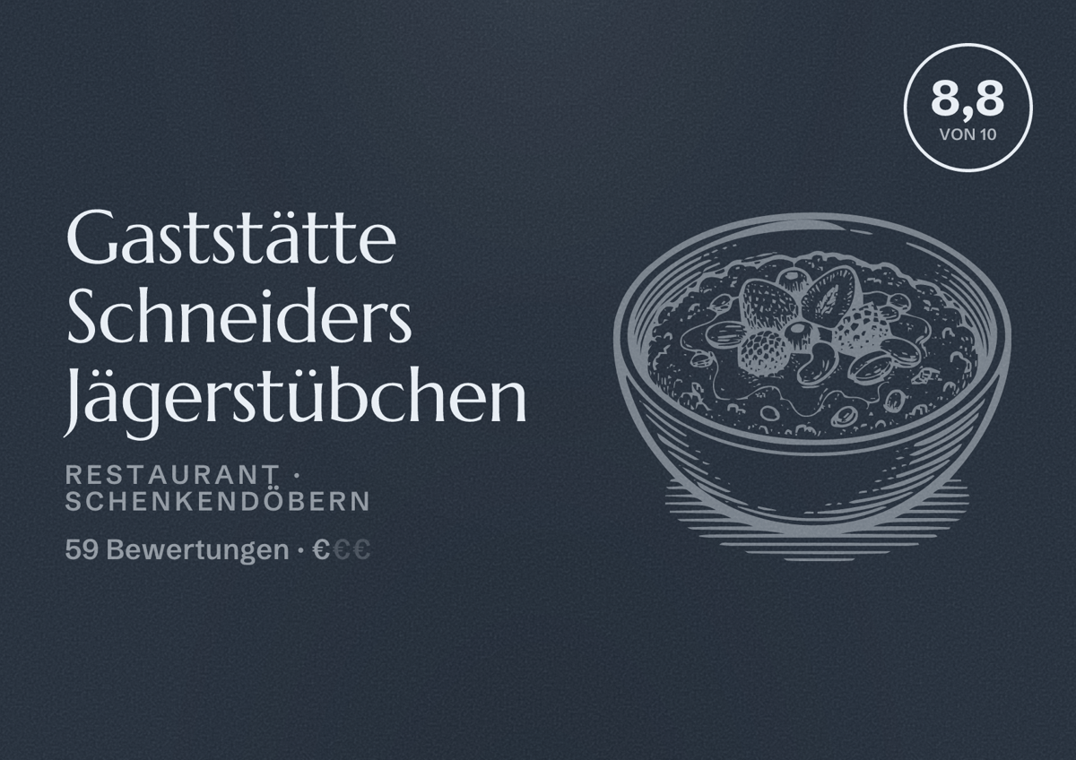 Illustriertes Poster von Gaststätte Schneiders Jägerstübchen, Restaurant in Schenkendöbern: Bewertung 8,8 von 10 aus 59 Bewertungen, Preisniveau €