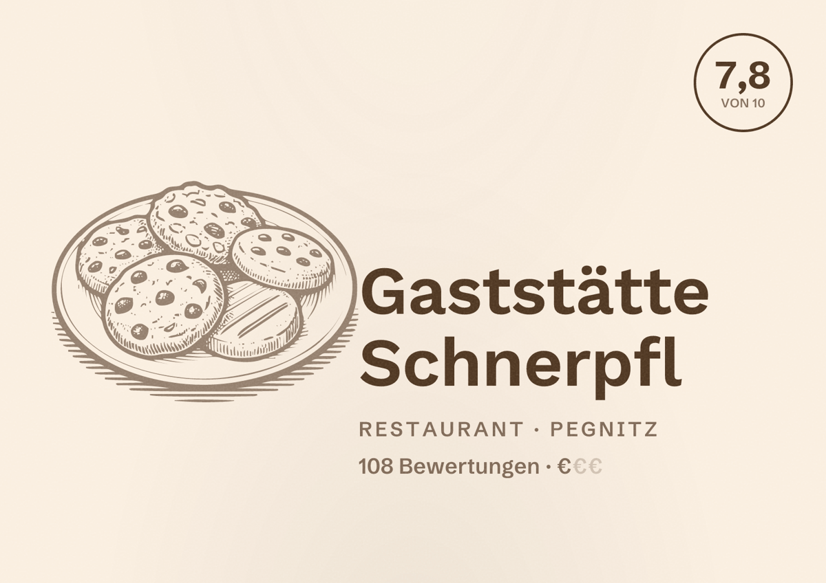 Illustriertes Poster von Gaststätte Schnerpfl, Restaurant in Pegnitz: Bewertung 7,8 von 10 aus 108 Bewertungen, Preisniveau €