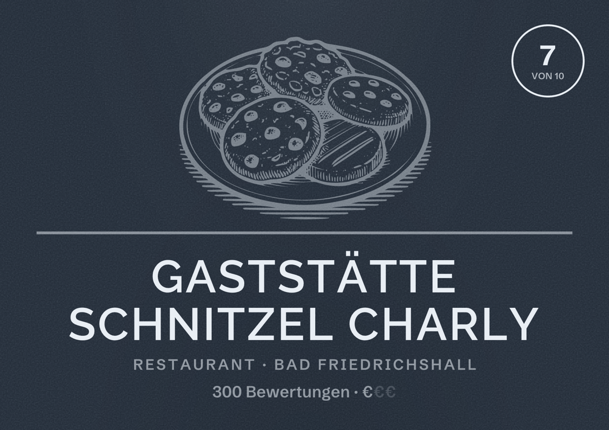 Illustriertes Poster von Gaststätte Schnitzel Charly, Restaurant in Bad Friedrichshall: Bewertung 7 von 10 aus 300 Bewertungen, Preisniveau €