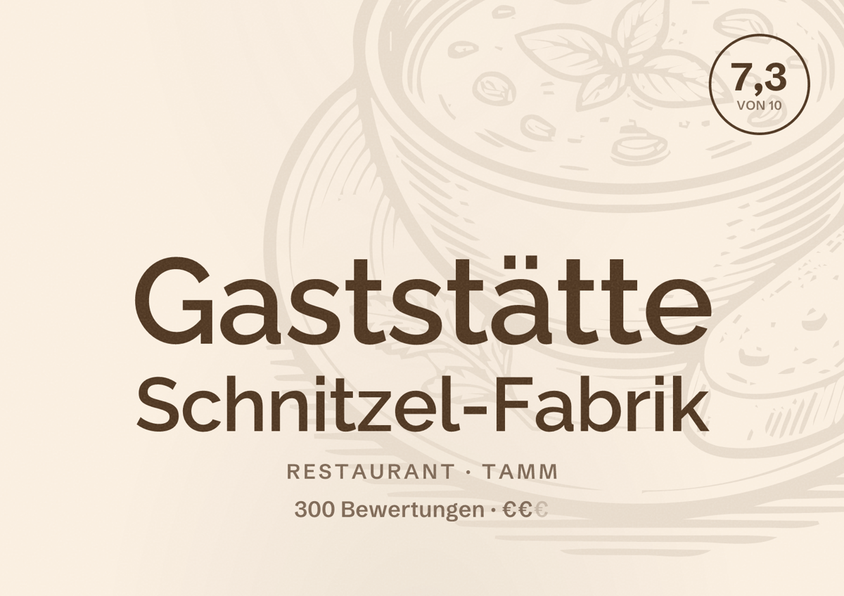 Illustriertes Poster von Gaststätte Schnitzel-Fabrik, Restaurant in Tamm: Bewertung 7,3 von 10 aus 300 Bewertungen, Preisniveau €€