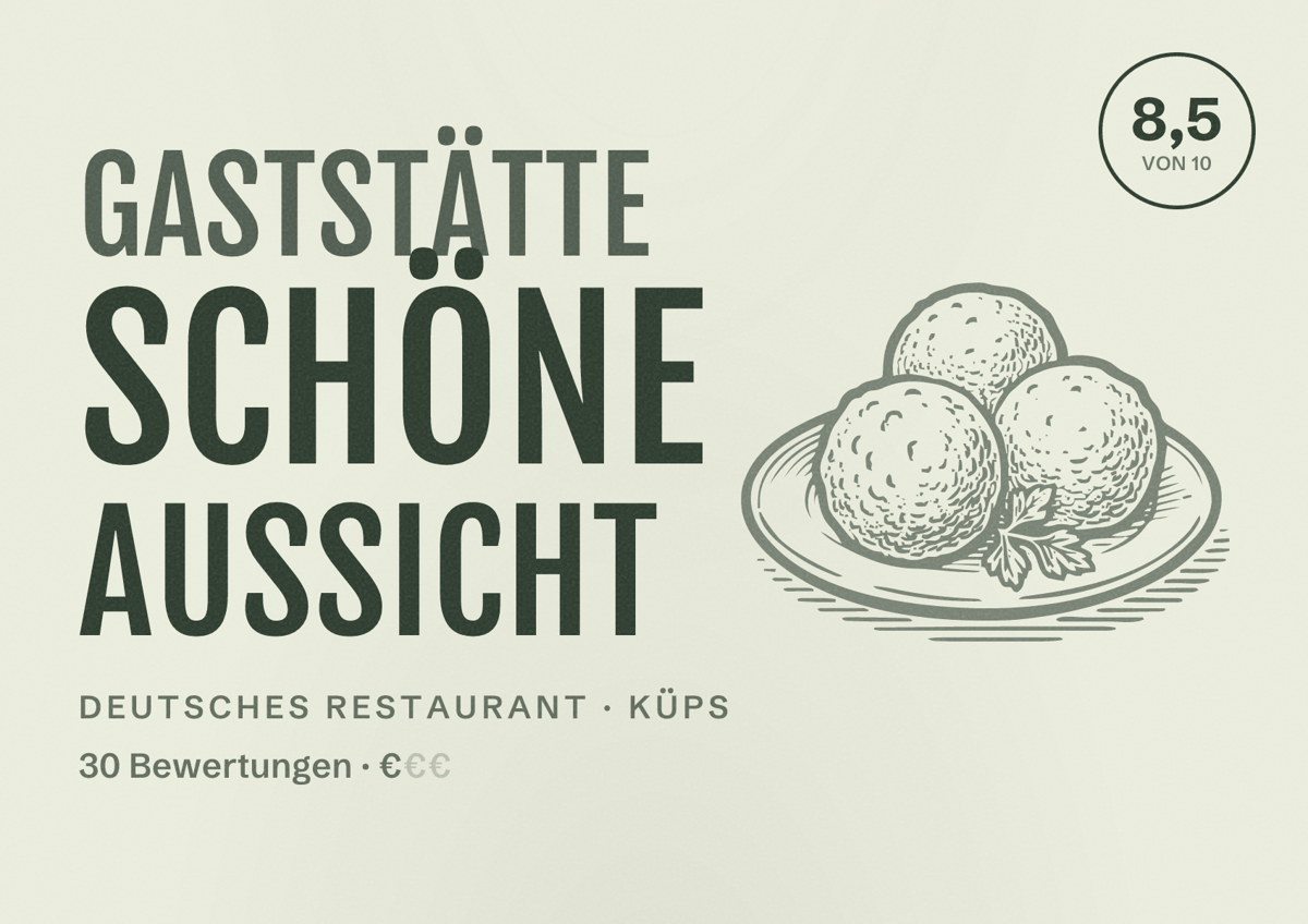 Illustriertes Poster von Gaststätte Schöne Aussicht, Deutsches Restaurant in Küps: Bewertung 8,5 von 10 aus 30 Bewertungen, Preisniveau €