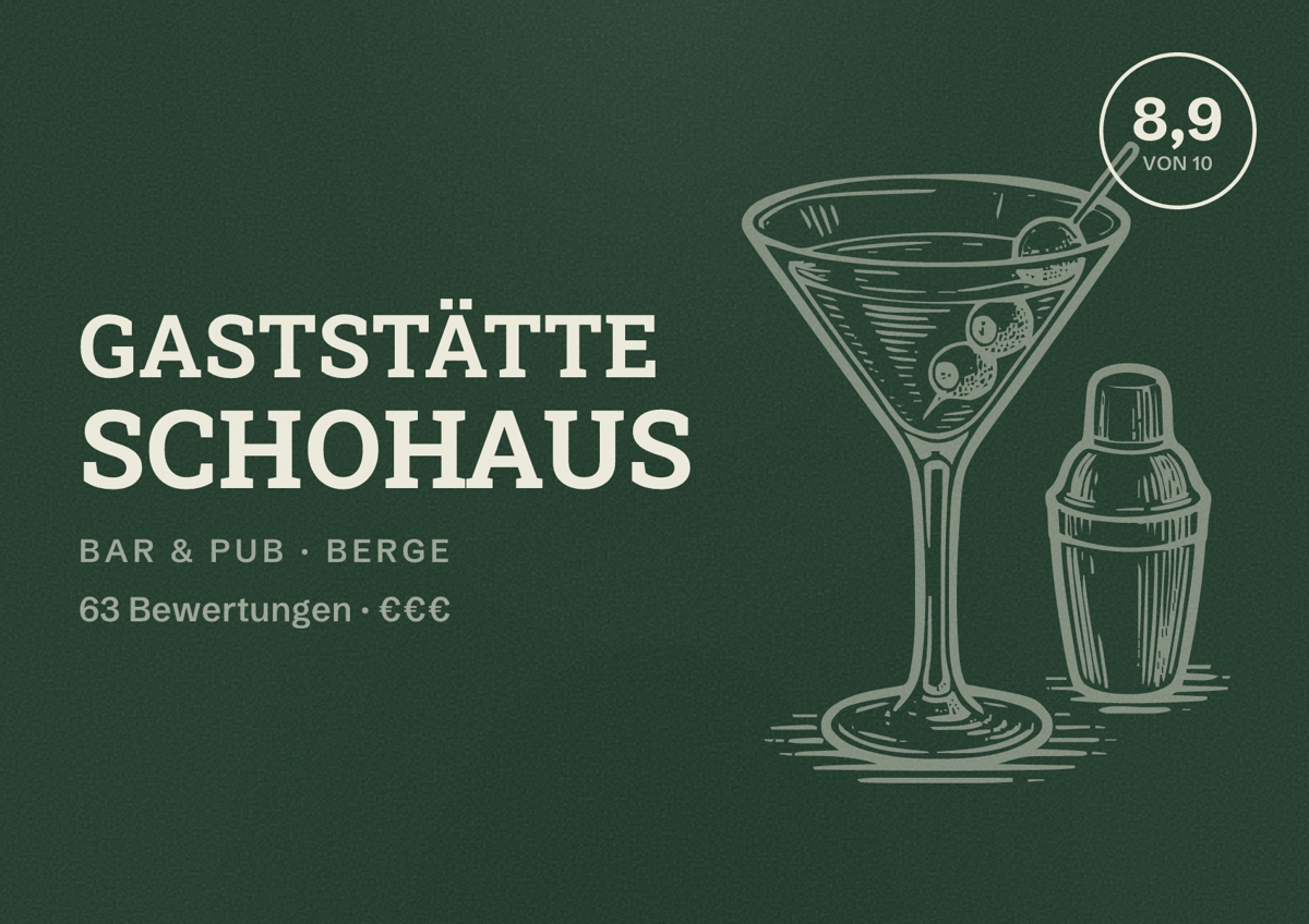 Illustriertes Poster von Gaststätte Schohaus, Bar & Pub in Berge: Bewertung 8,9 von 10 aus 63 Bewertungen, Preisniveau €€€