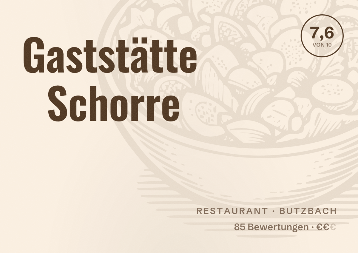Illustriertes Poster von Gaststätte Schorre, Restaurant in Butzbach: Bewertung 7,6 von 10 aus 85 Bewertungen, Preisniveau €€