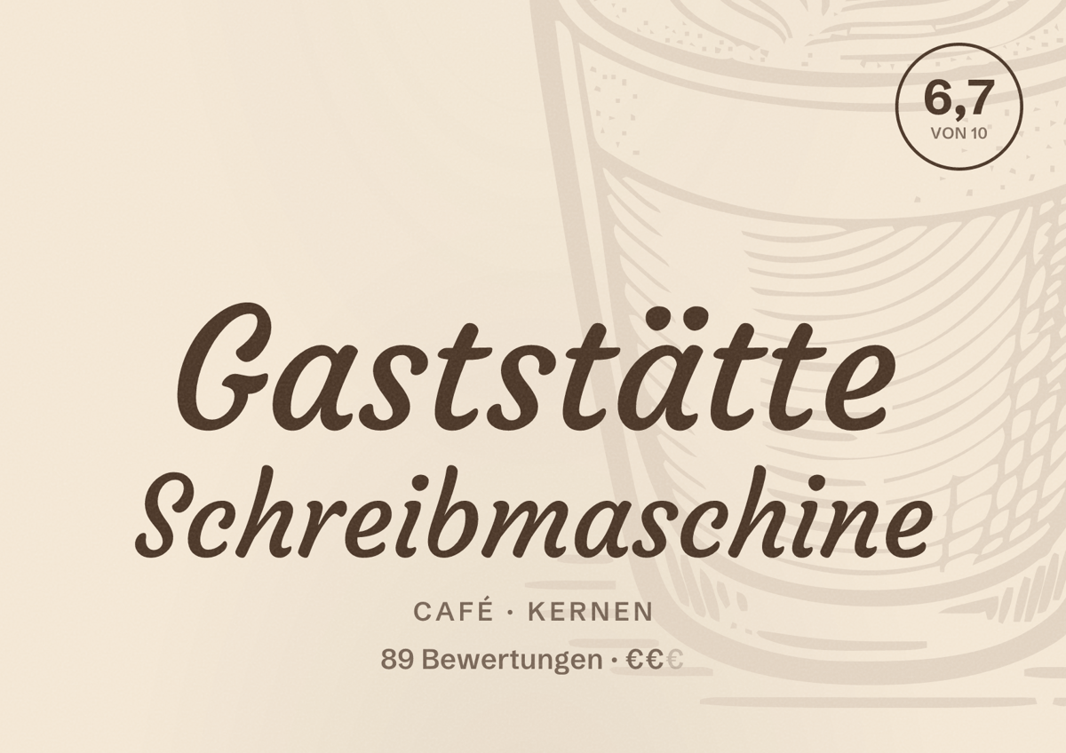 Illustriertes Poster von Gaststätte Schreibmaschine, Café in Kernen: Bewertung 6,7 von 10 aus 89 Bewertungen, Preisniveau €€