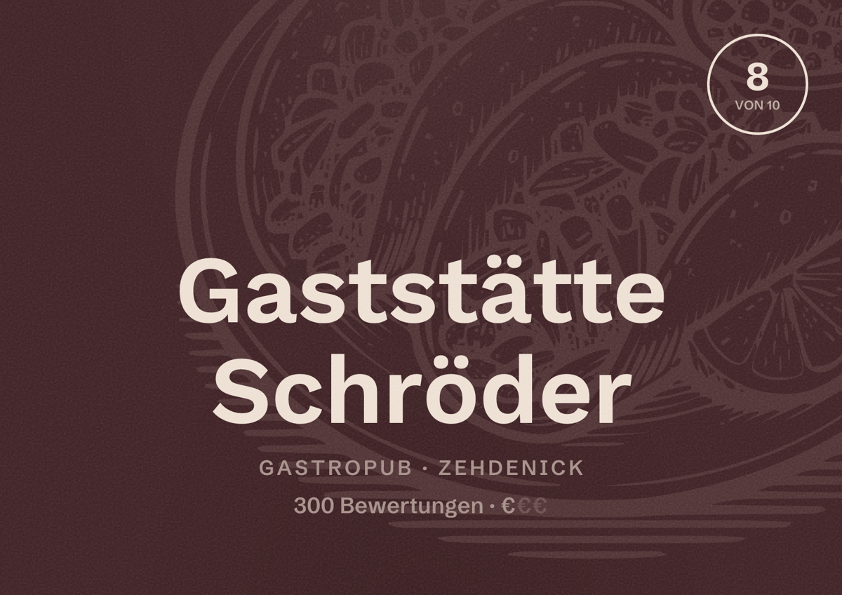 Illustriertes Poster von Gaststätte Schröder, Gastropub in Zehdenick: Bewertung 8 von 10 aus 300 Bewertungen, Preisniveau €