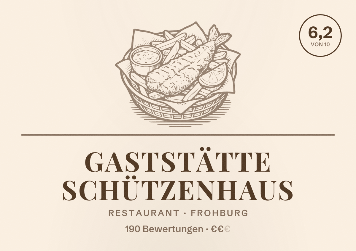 Illustriertes Poster von Gaststätte Schützenhaus, Restaurant in Frohburg: Bewertung 6,2 von 10 aus 190 Bewertungen, Preisniveau €€