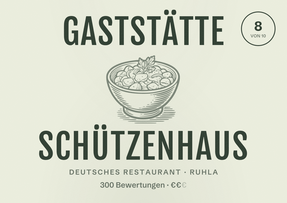 Illustriertes Poster von Gaststätte Schützenhaus, Deutsches Restaurant in Ruhla: Bewertung 8 von 10 aus 300 Bewertungen, Preisniveau €€