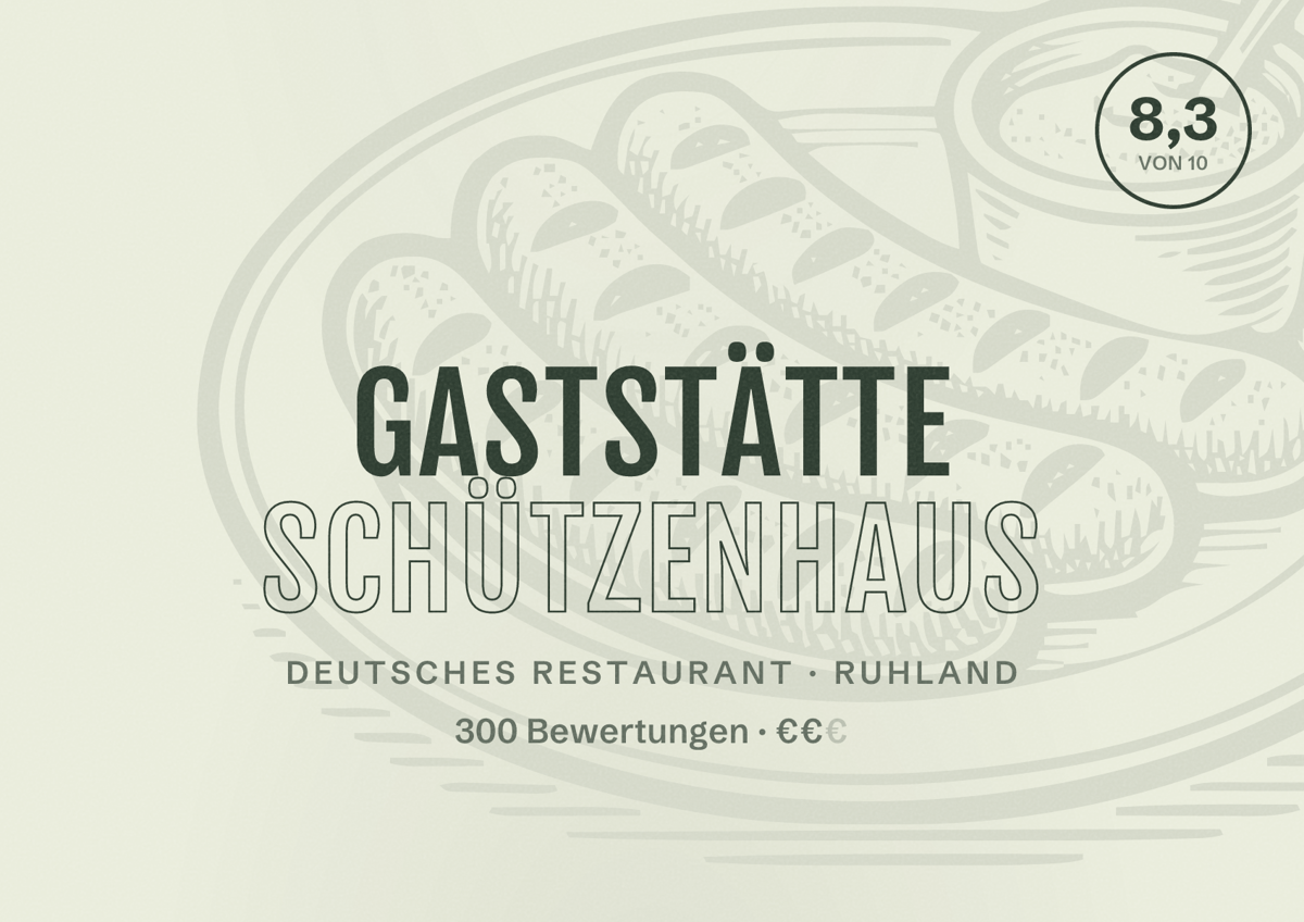 Illustriertes Poster von Gaststätte Schützenhaus, Deutsches Restaurant in Ruhland: Bewertung 8,3 von 10 aus 300 Bewertungen, Preisniveau €€