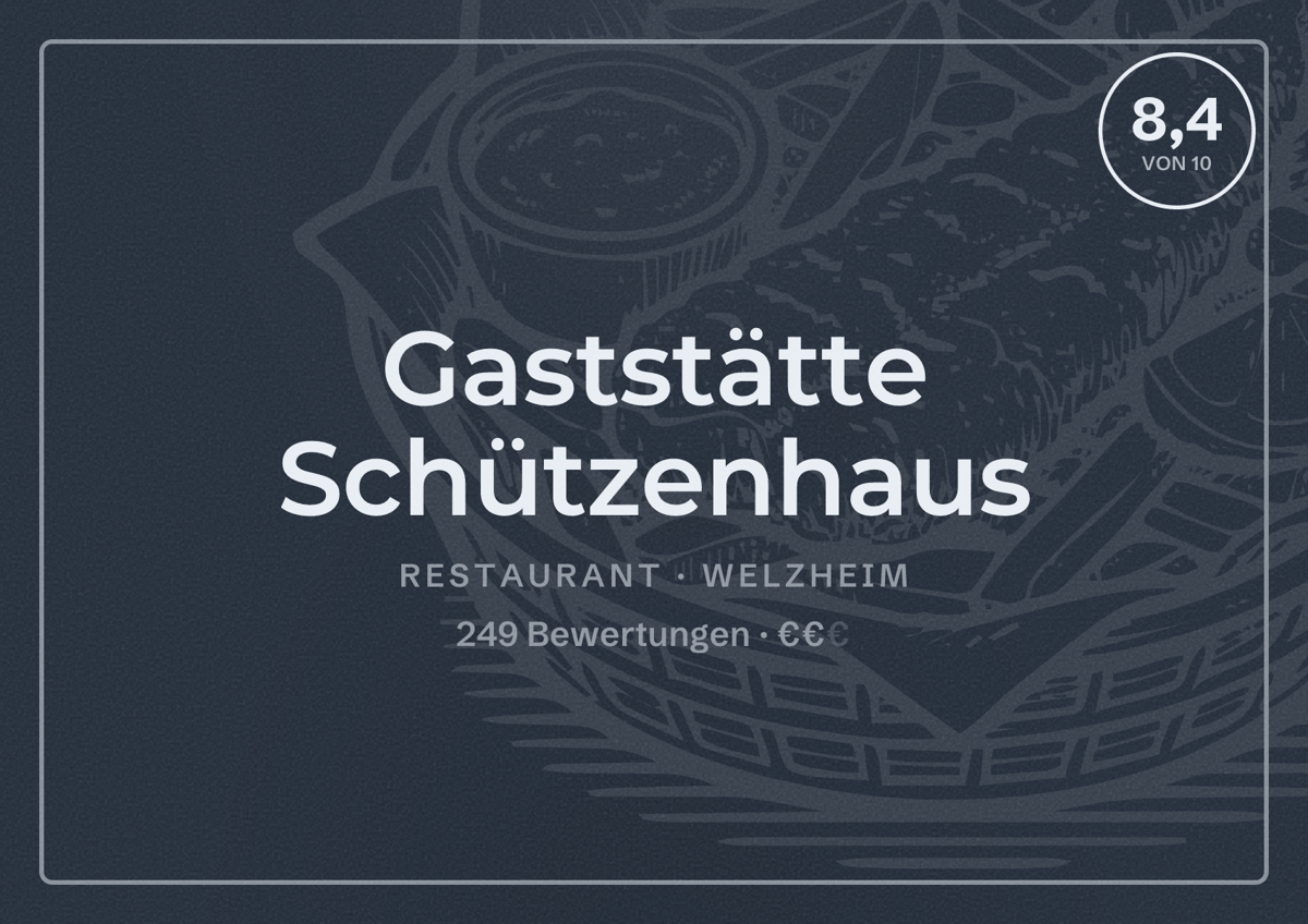 Illustriertes Poster von Gaststätte Schützenhaus, Restaurant in Welzheim: Bewertung 8,4 von 10 aus 249 Bewertungen, Preisniveau €€