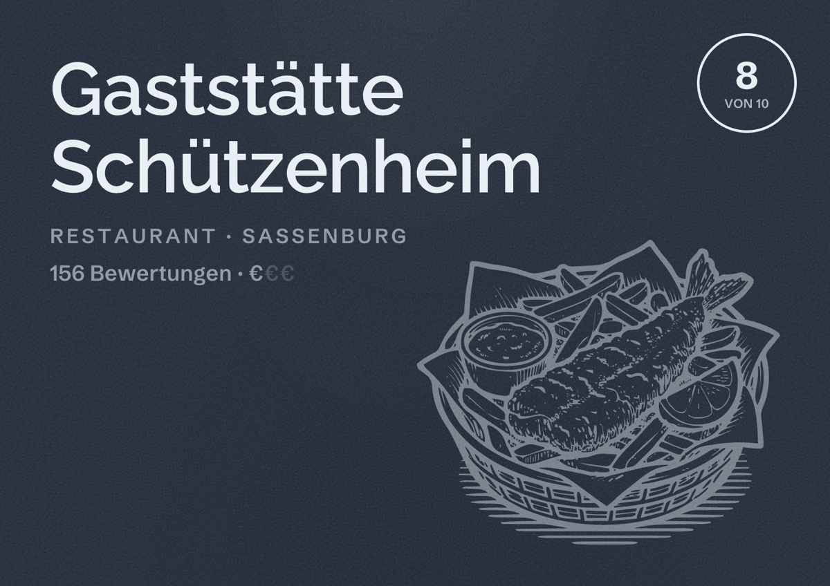 Illustriertes Poster von Gaststätte Schützenheim, Restaurant in Sassenburg: Bewertung 8 von 10 aus 156 Bewertungen, Preisniveau €