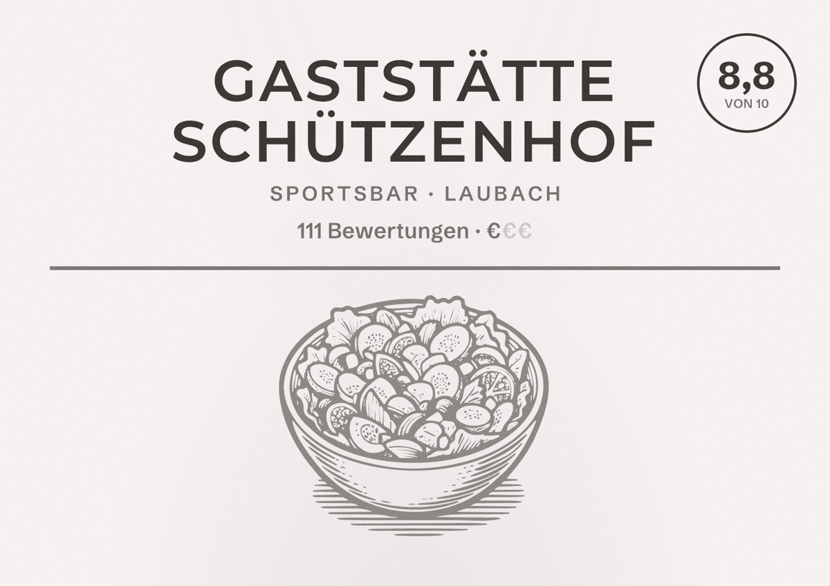 Illustriertes Poster von Gaststätte Schützenhof, Sportsbar in Laubach: Bewertung 8,8 von 10 aus 111 Bewertungen, Preisniveau €
