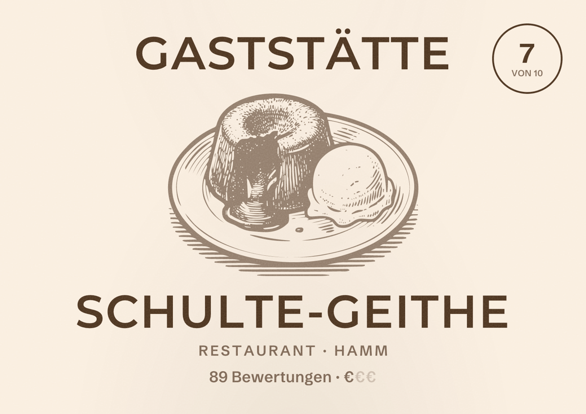 Illustriertes Poster von Gaststätte Schulte-Geithe, Restaurant in Hamm: Bewertung 7 von 10 aus 89 Bewertungen, Preisniveau €