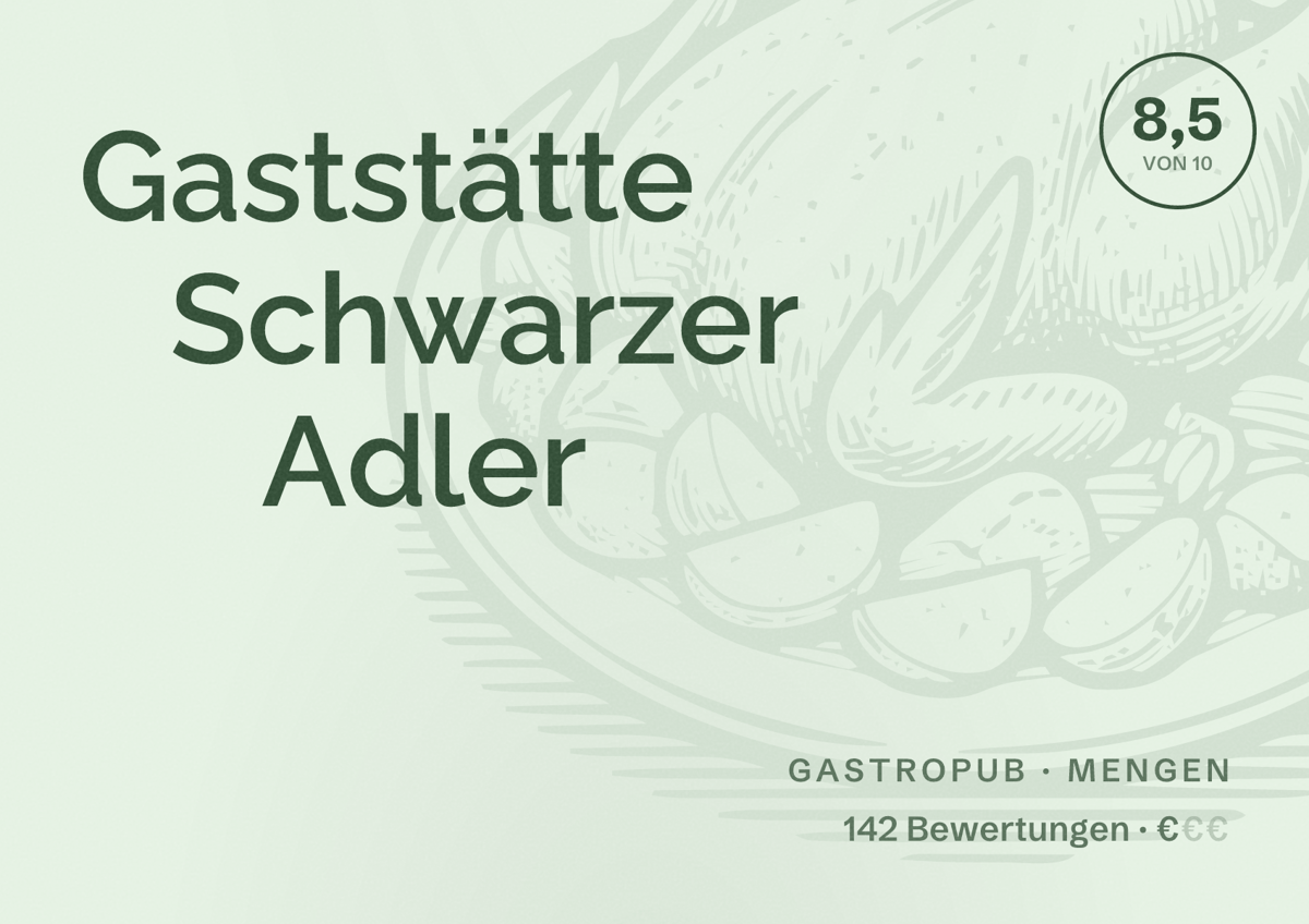 Illustriertes Poster von Gaststätte Schwarzer Adler, Gastropub in Mengen: Bewertung 8,5 von 10 aus 142 Bewertungen, Preisniveau €