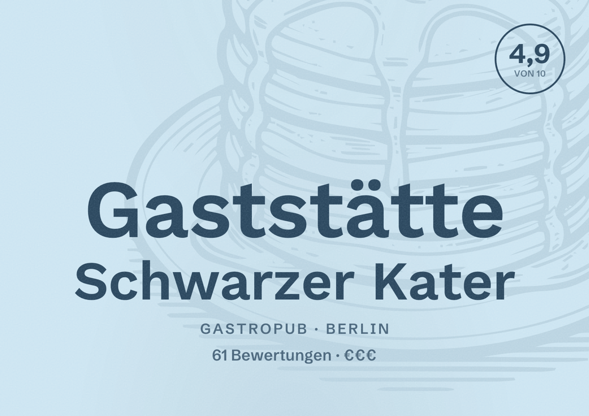 Illustriertes Poster von Gaststätte Schwarzer Kater, Gastropub in Berlin: Bewertung 4,9 von 10 aus 61 Bewertungen, Preisniveau €€€