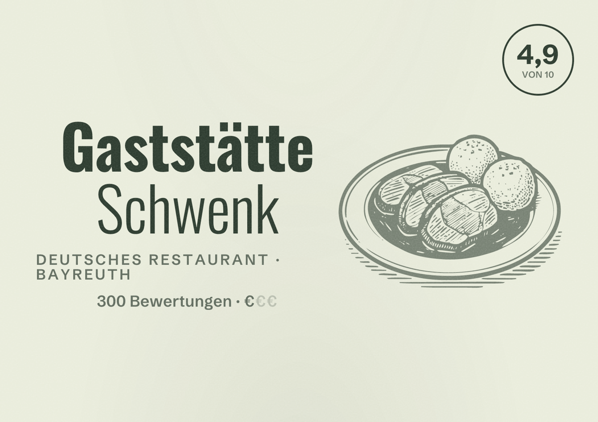 Illustriertes Poster von Gaststätte Schwenk, Deutsches Restaurant in Bayreuth: Bewertung 4,9 von 10 aus 300 Bewertungen, Preisniveau €