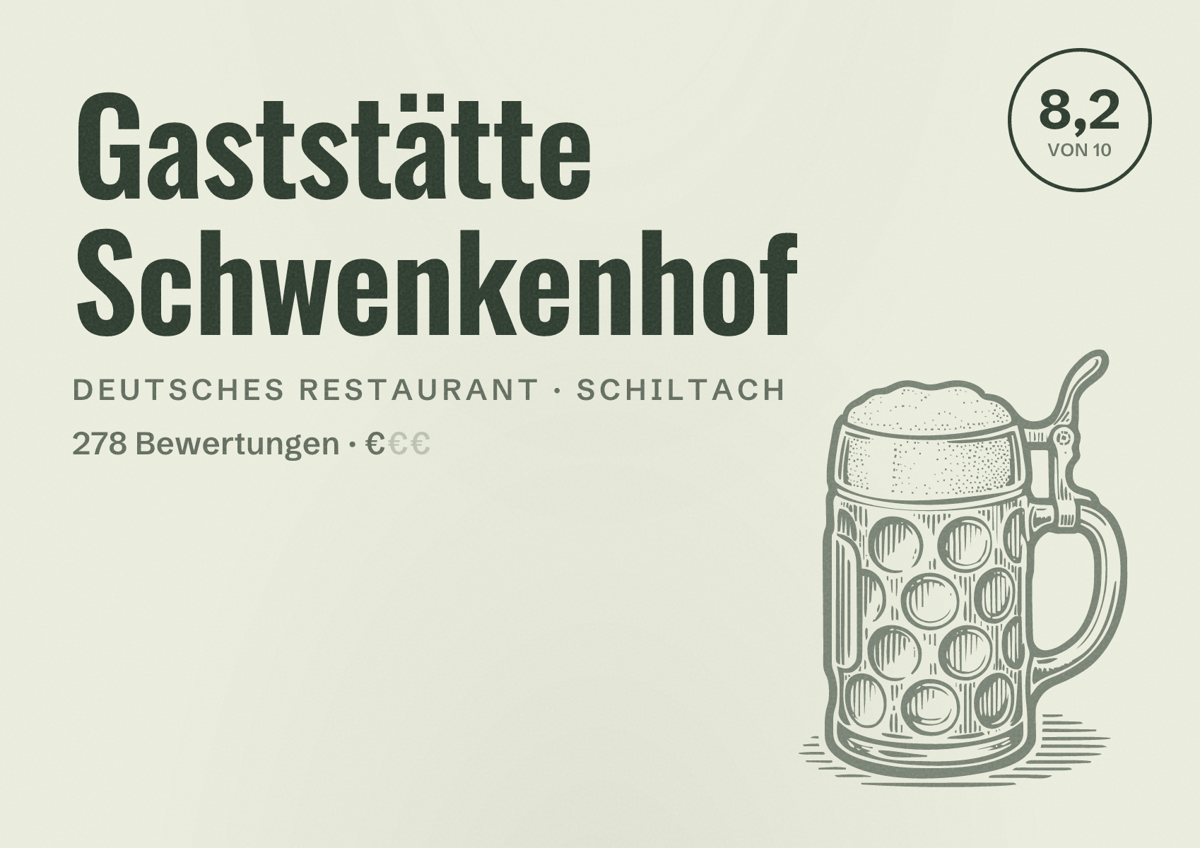 Illustriertes Poster von Gaststätte Schwenkenhof, Deutsches Restaurant in Schiltach: Bewertung 8,2 von 10 aus 278 Bewertungen, Preisniveau €
