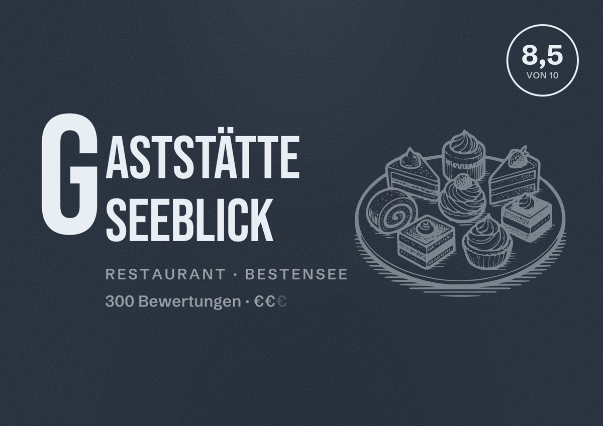 Illustriertes Poster von Gaststätte Seeblick, Restaurant in Bestensee: Bewertung 8,5 von 10 aus 300 Bewertungen, Preisniveau €€