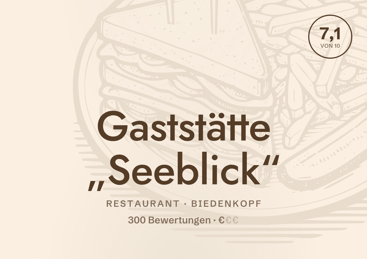 Illustriertes Poster von Gaststätte „Seeblick“, Restaurant in Biedenkopf: Bewertung 7,1 von 10 aus 300 Bewertungen, Preisniveau €