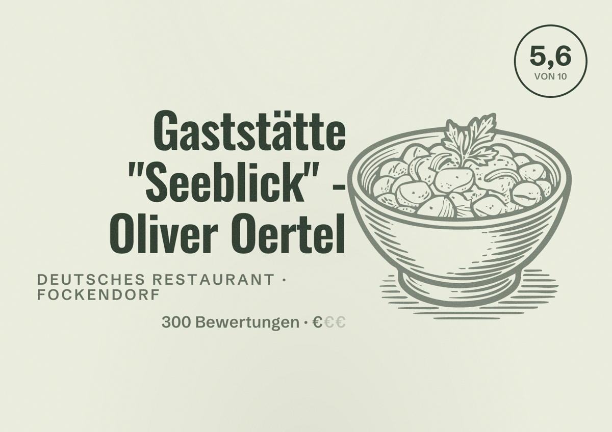 Illustriertes Poster von Gaststätte "Seeblick" - Oliver Oertel, Deutsches Restaurant in Fockendorf: Bewertung 5,6 von 10 aus 300 Bewertungen, Preisniveau €