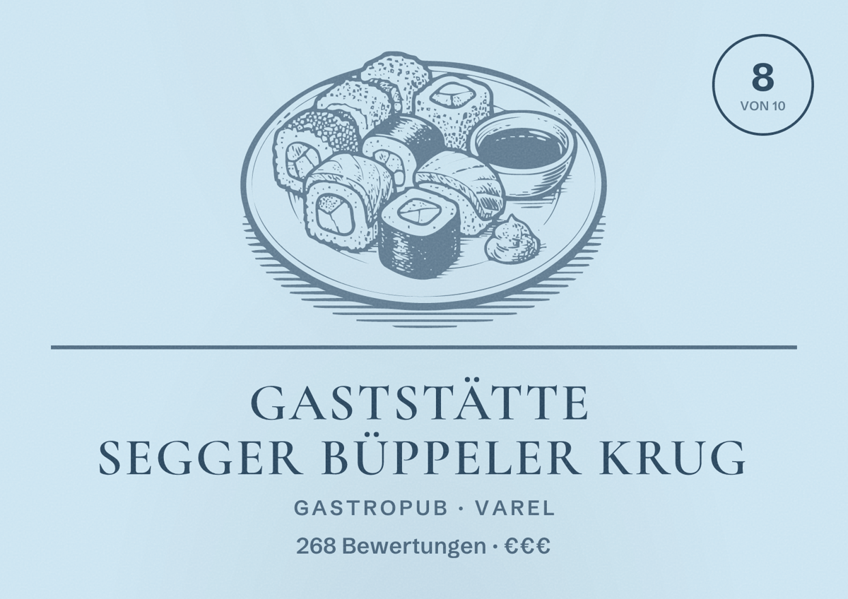 Illustriertes Poster von Gaststätte Segger Büppeler Krug, Gastropub in Varel: Bewertung 8 von 10 aus 268 Bewertungen, Preisniveau €€€
