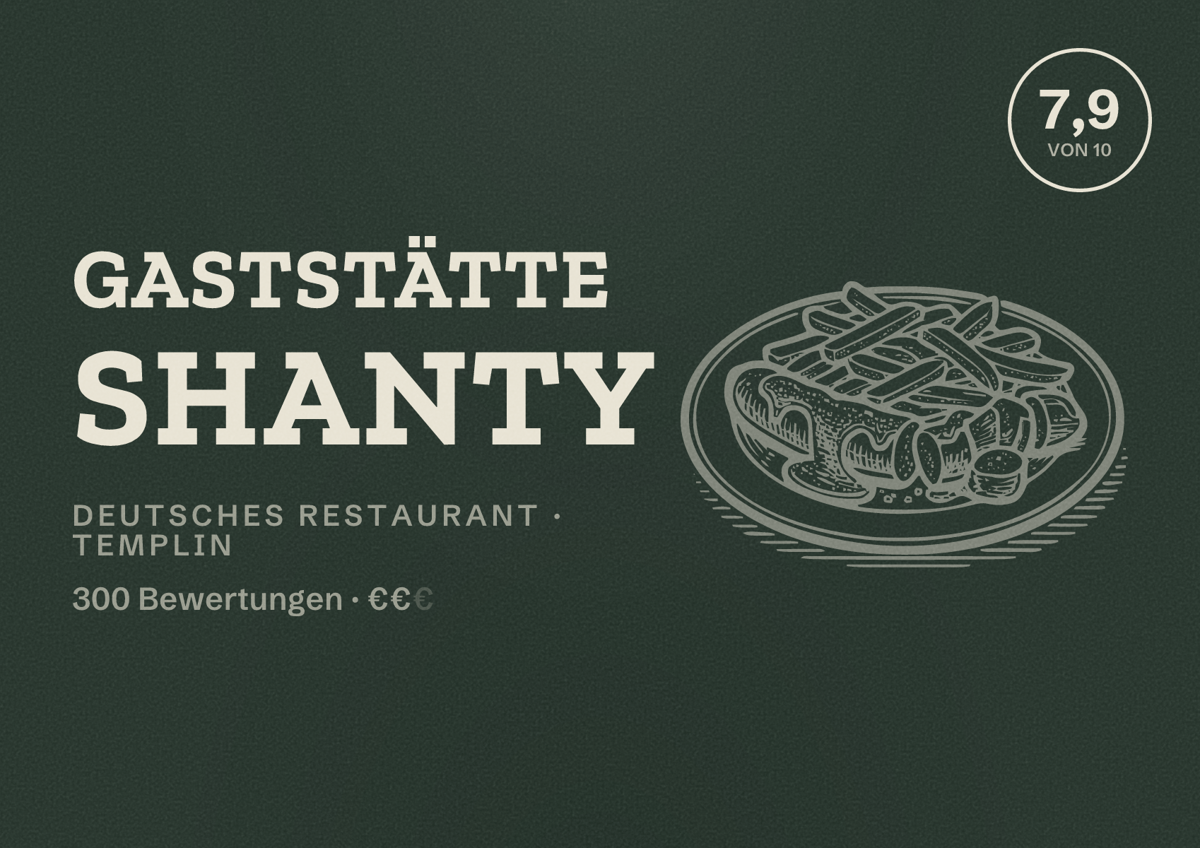 Illustriertes Poster von Gaststätte Shanty, Deutsches Restaurant in Templin: Bewertung 7,9 von 10 aus 300 Bewertungen, Preisniveau €€