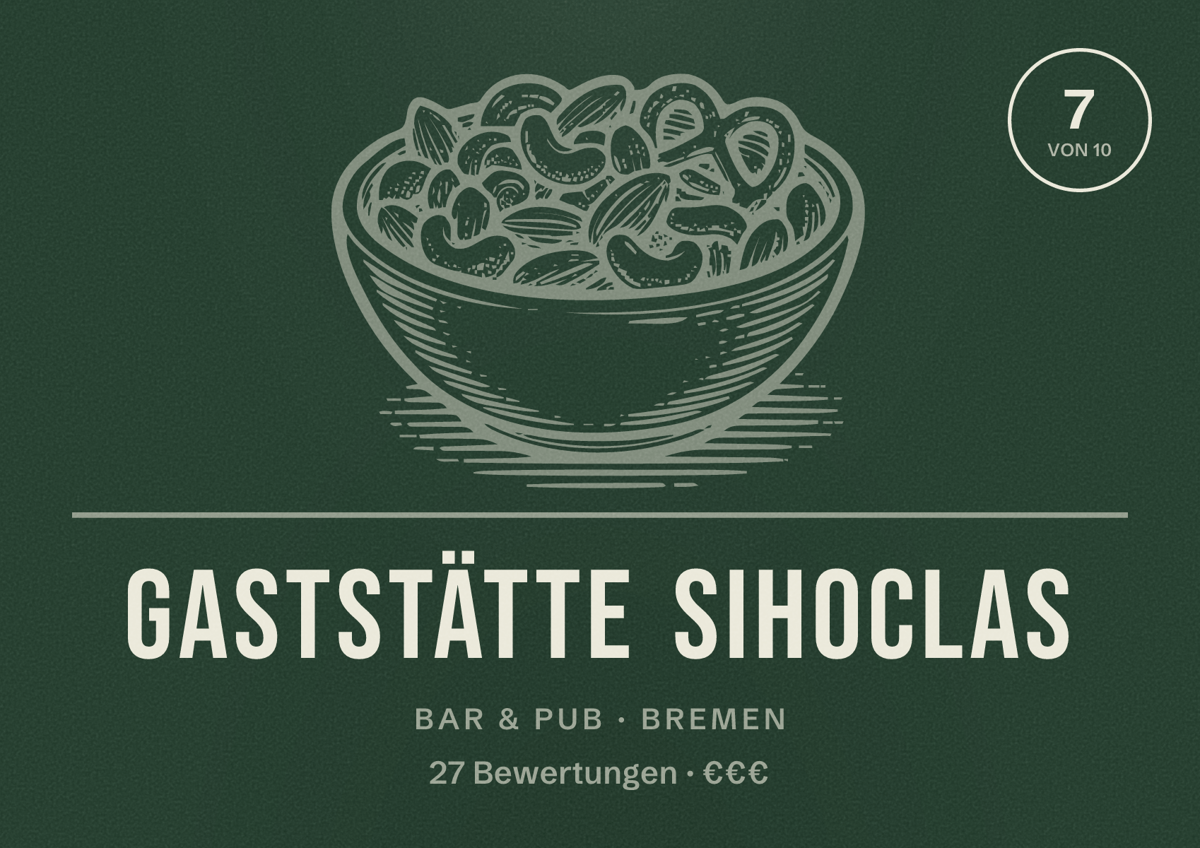 Illustriertes Poster von Gaststätte Sihoclas, Bar & Pub in Bremen: Bewertung 7 von 10 aus 27 Bewertungen, Preisniveau €€€