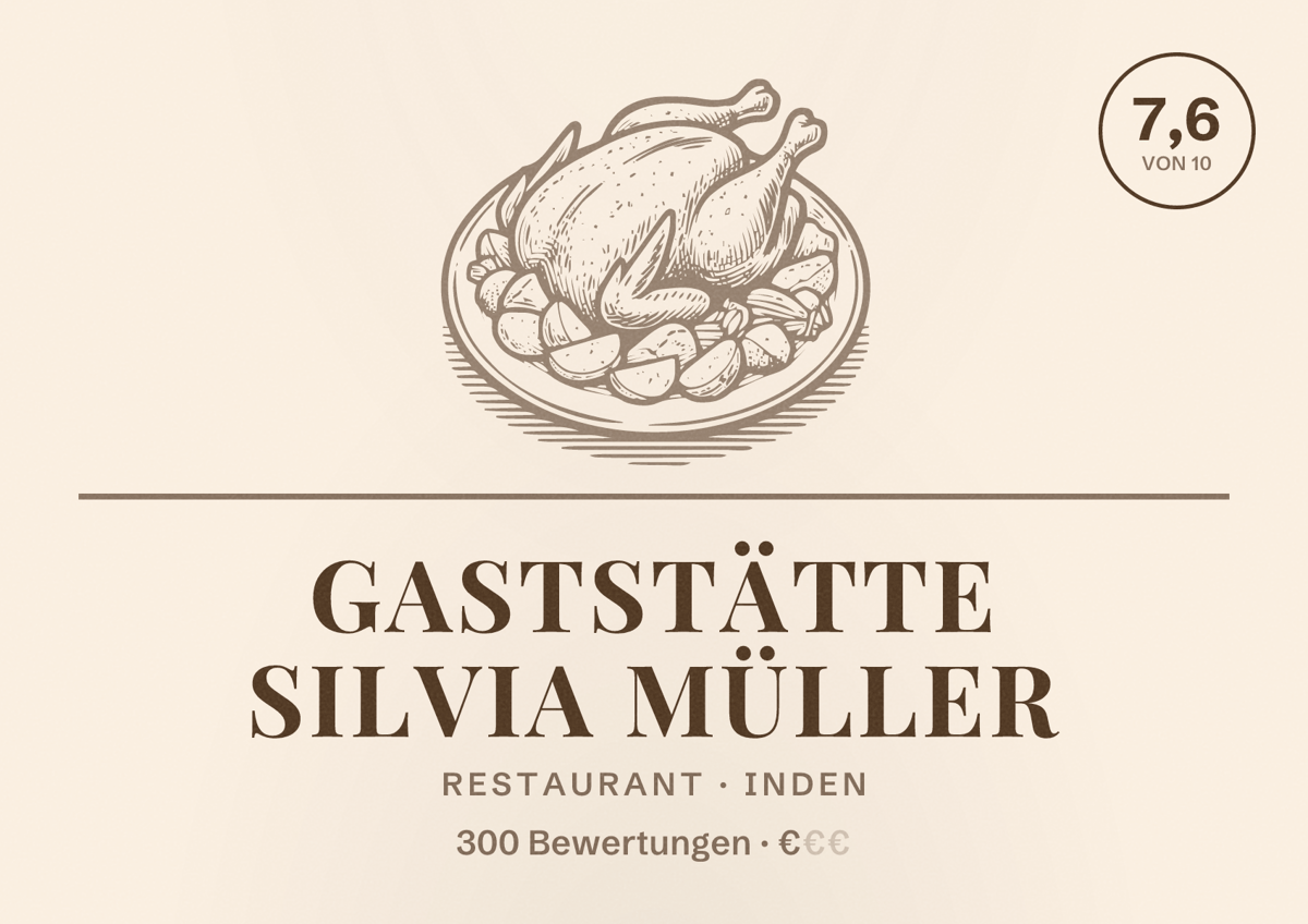 Illustriertes Poster von Gaststätte Silvia Müller, Restaurant in Inden: Bewertung 7,6 von 10 aus 300 Bewertungen, Preisniveau €