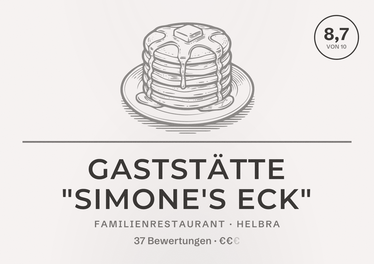 Illustriertes Poster von Gaststätte "Simone's Eck", Familienrestaurant in Helbra: Bewertung 8,7 von 10 aus 37 Bewertungen, Preisniveau €€
