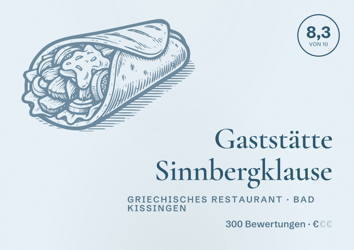 Illustriertes Poster von Gaststätte Sinnbergklause, Griechisches Restaurant in Bad Kissingen: Bewertung 8,3 von 10 aus 300 Bewertungen, Preisniveau €