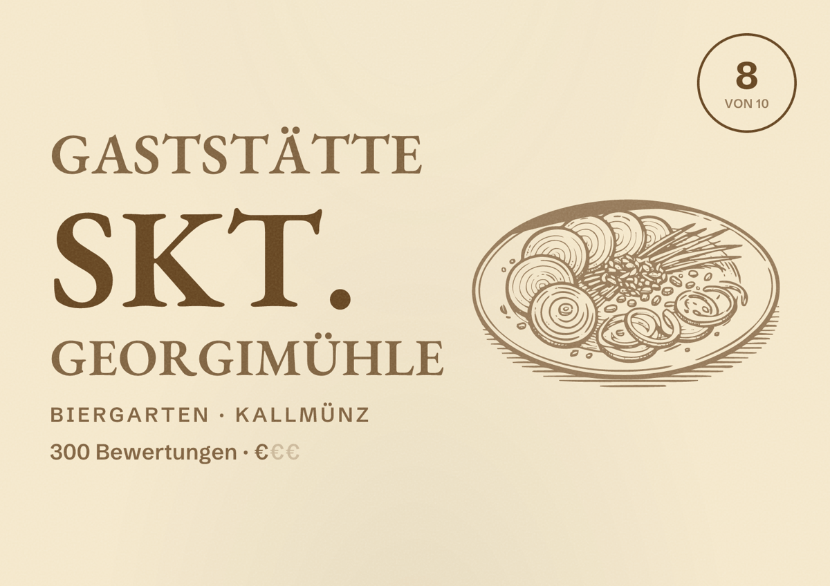 Illustriertes Poster von Gaststätte Skt. Georgimühle, Biergarten in Kallmünz: Bewertung 8 von 10 aus 300 Bewertungen, Preisniveau €