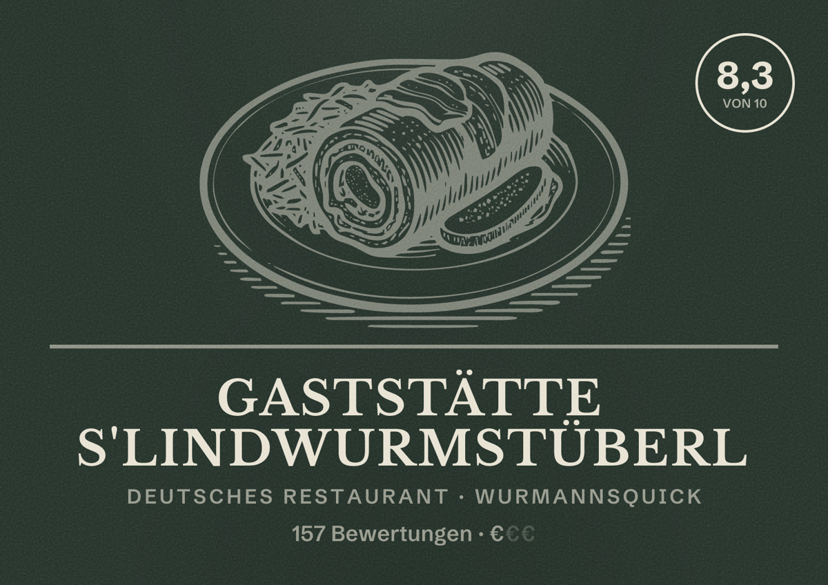 Illustriertes Poster von Gaststätte s'Lindwurmstüberl, Deutsches Restaurant in Wurmannsquick: Bewertung 8,3 von 10 aus 157 Bewertungen, Preisniveau €