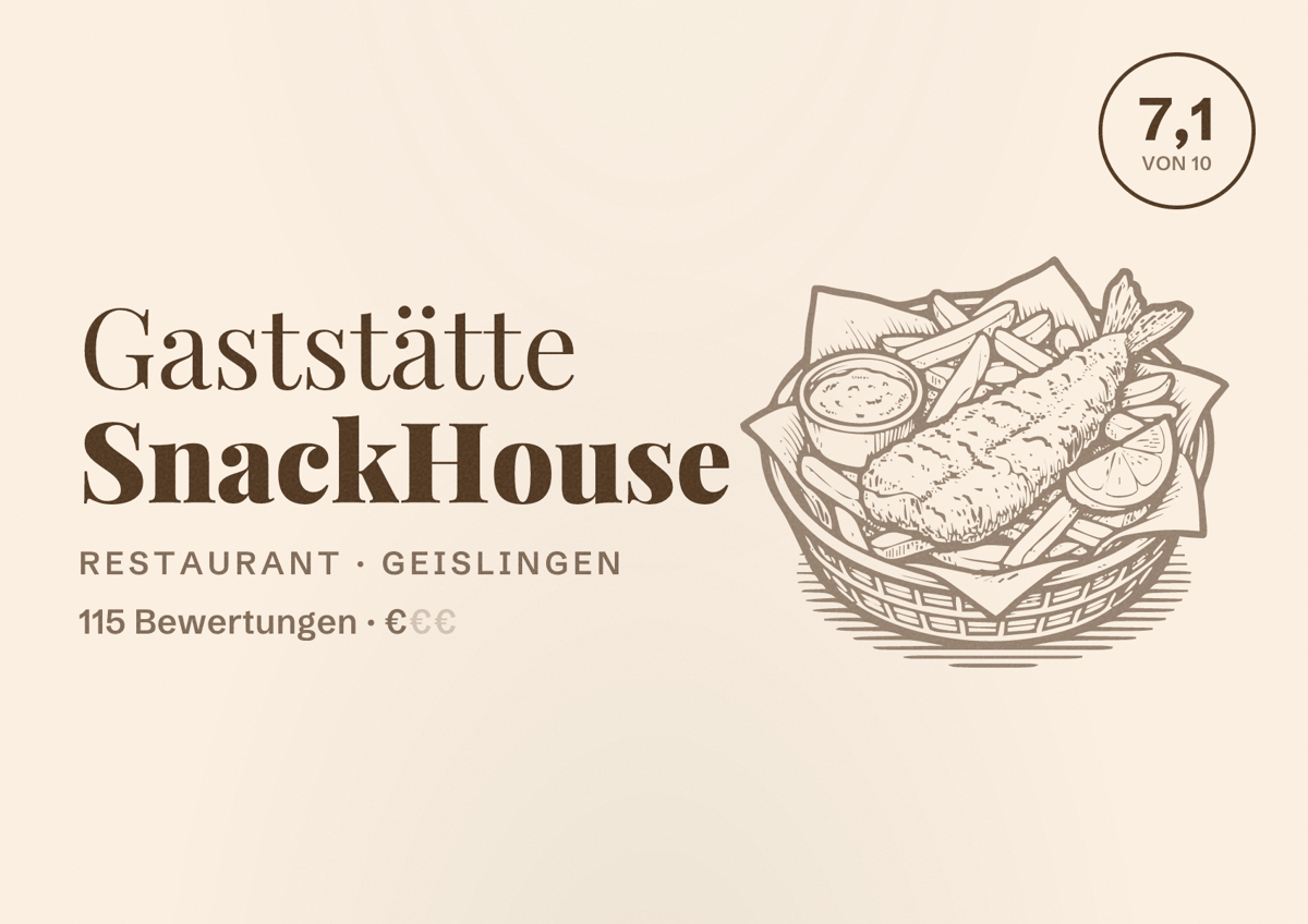 Illustriertes Poster von Gaststätte SnackHouse, Restaurant in Geislingen: Bewertung 7,1 von 10 aus 115 Bewertungen, Preisniveau €
