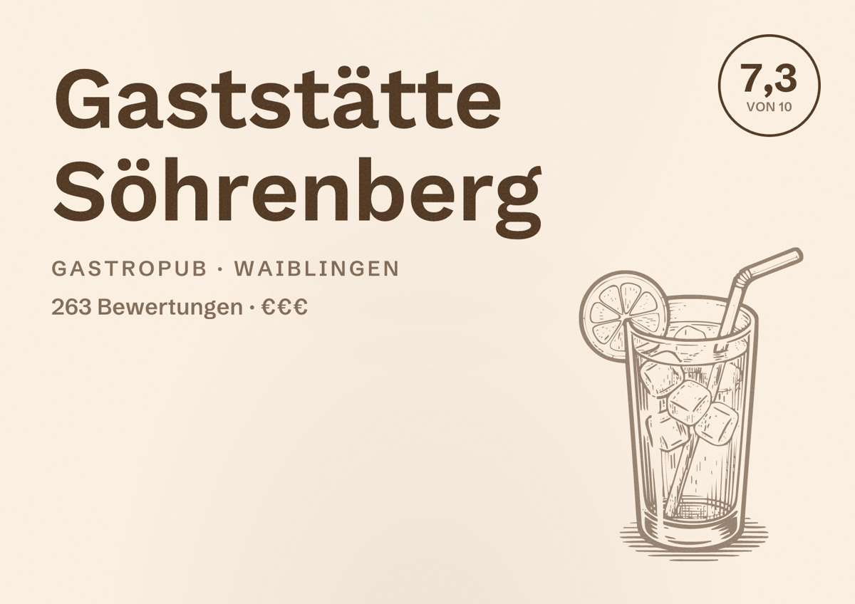 Illustriertes Poster von Gaststätte Söhrenberg, Gastropub in Waiblingen: Bewertung 7,3 von 10 aus 263 Bewertungen, Preisniveau €€€