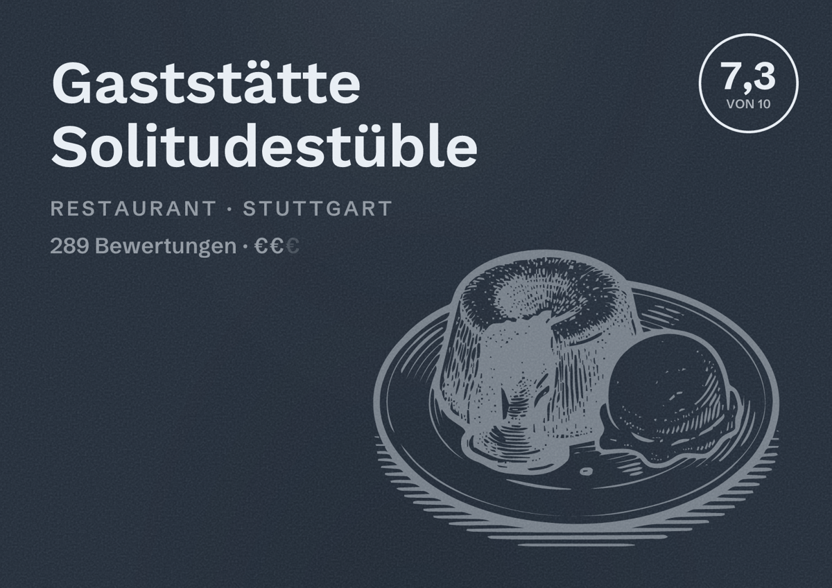 Illustriertes Poster von Gaststätte Solitudestüble, Restaurant in Stuttgart: Bewertung 7,3 von 10 aus 289 Bewertungen, Preisniveau €€