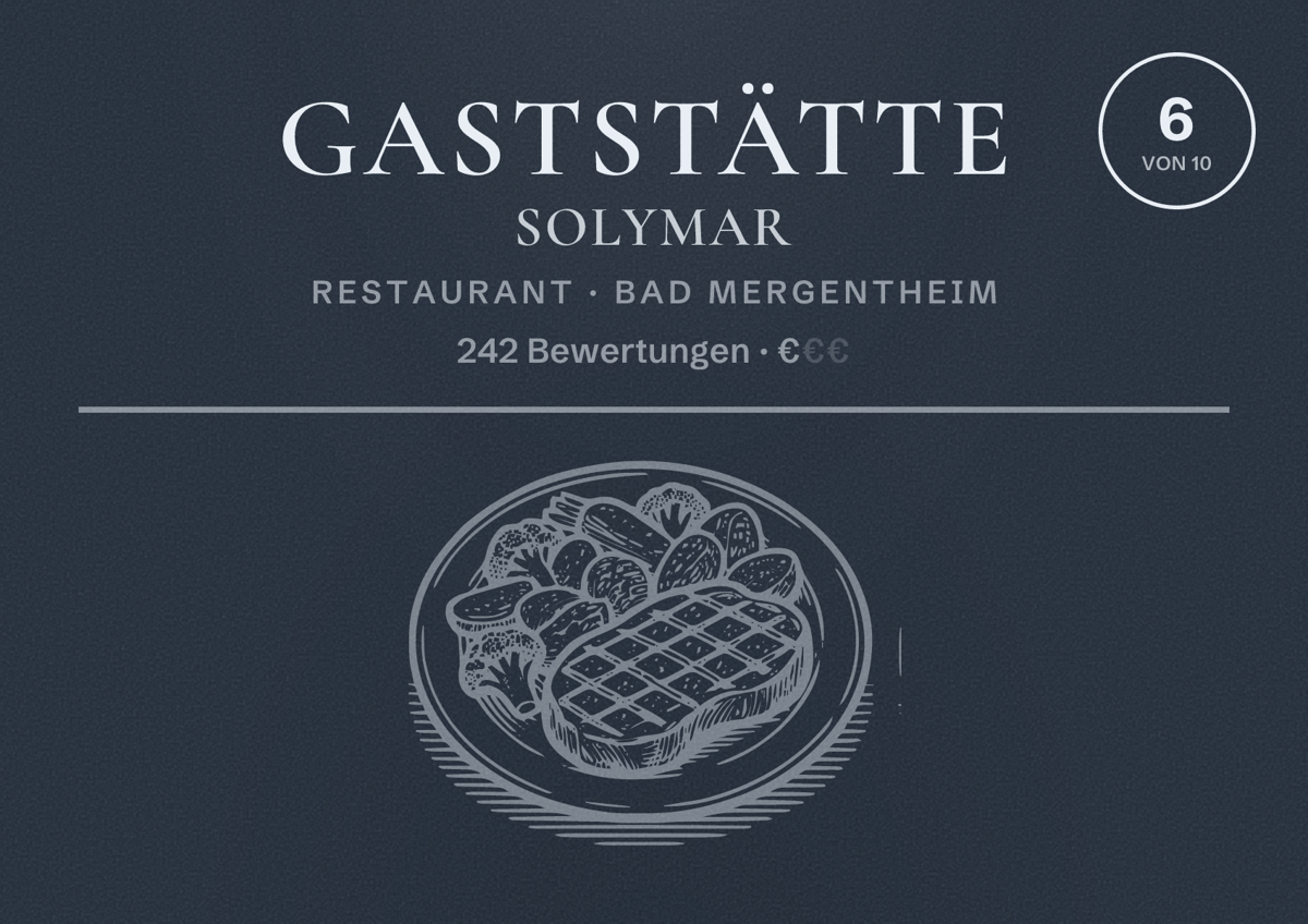 Illustriertes Poster von Gaststätte Solymar, Restaurant in Bad Mergentheim: Bewertung 6 von 10 aus 242 Bewertungen, Preisniveau €