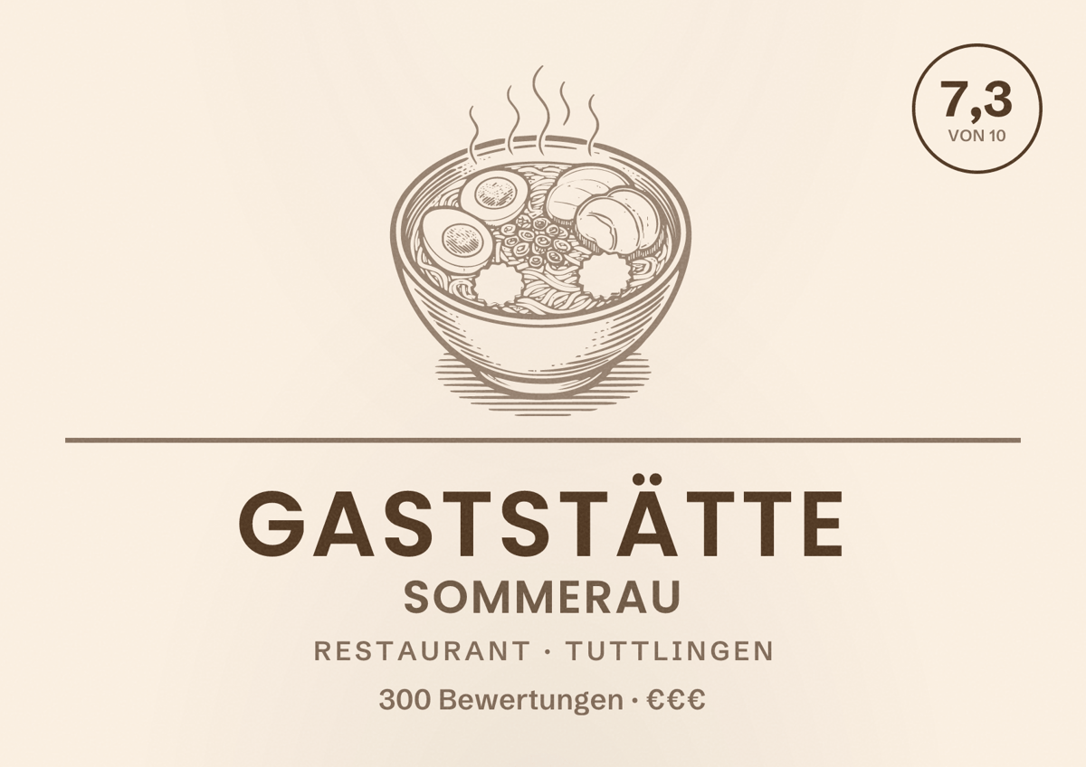 Illustriertes Poster von Gaststätte Sommerau, Restaurant in Tuttlingen: Bewertung 7,3 von 10 aus 300 Bewertungen, Preisniveau €€€