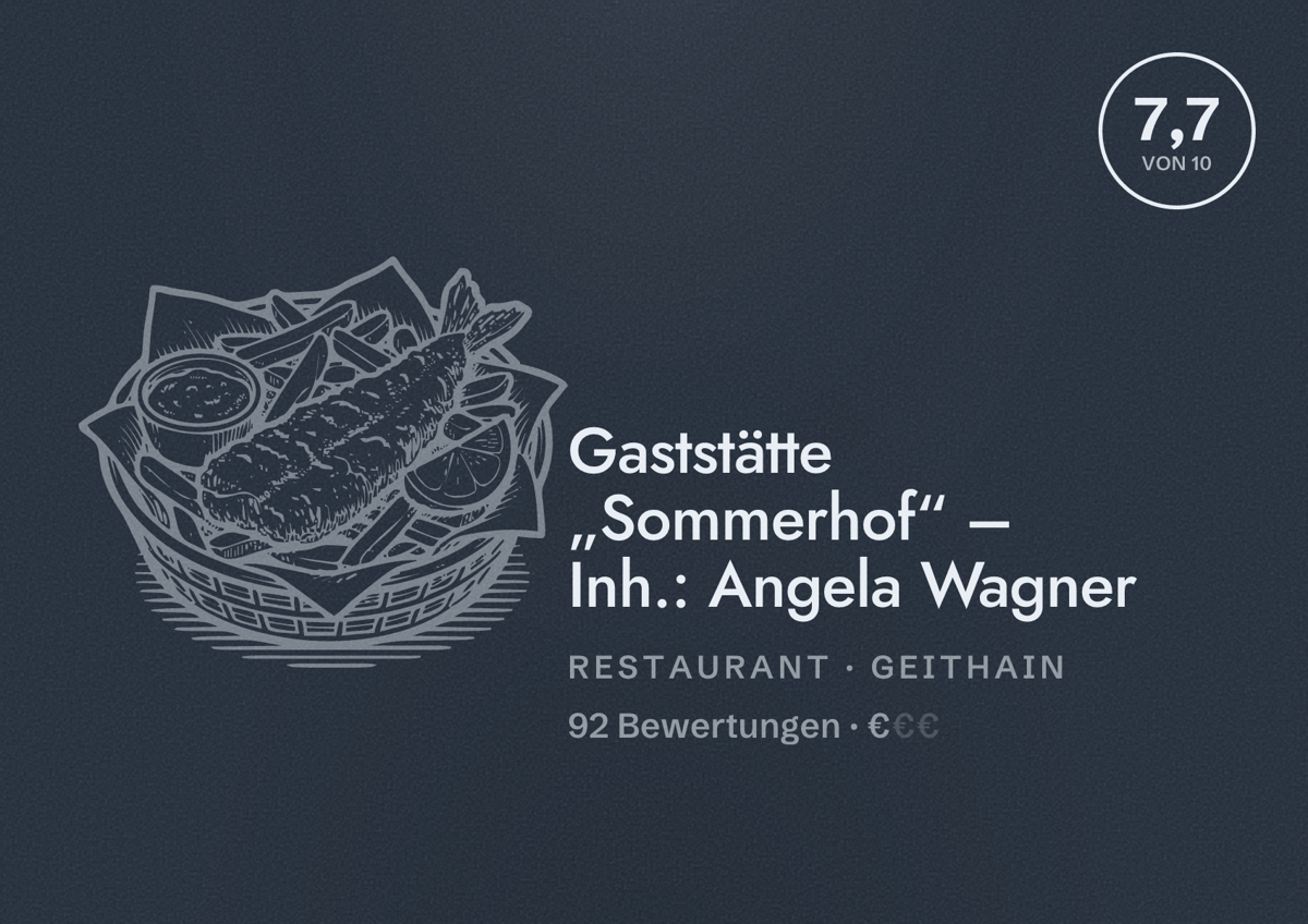 Illustriertes Poster von Gaststätte „Sommerhof“ – Inh.: Angela Wagner, Restaurant in Geithain: Bewertung 7,7 von 10 aus 92 Bewertungen, Preisniveau €