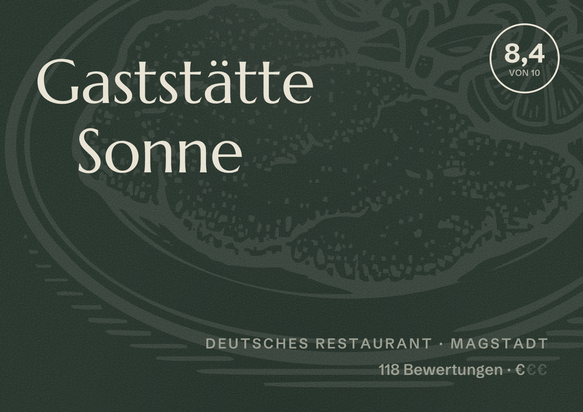 Illustriertes Poster von Gaststätte Sonne, Deutsches Restaurant in Magstadt: Bewertung 8,4 von 10 aus 118 Bewertungen, Preisniveau €