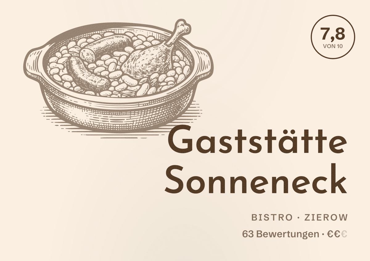 Illustriertes Poster von Gaststätte Sonneneck, Bistro in Zierow: Bewertung 7,8 von 10 aus 63 Bewertungen, Preisniveau €€