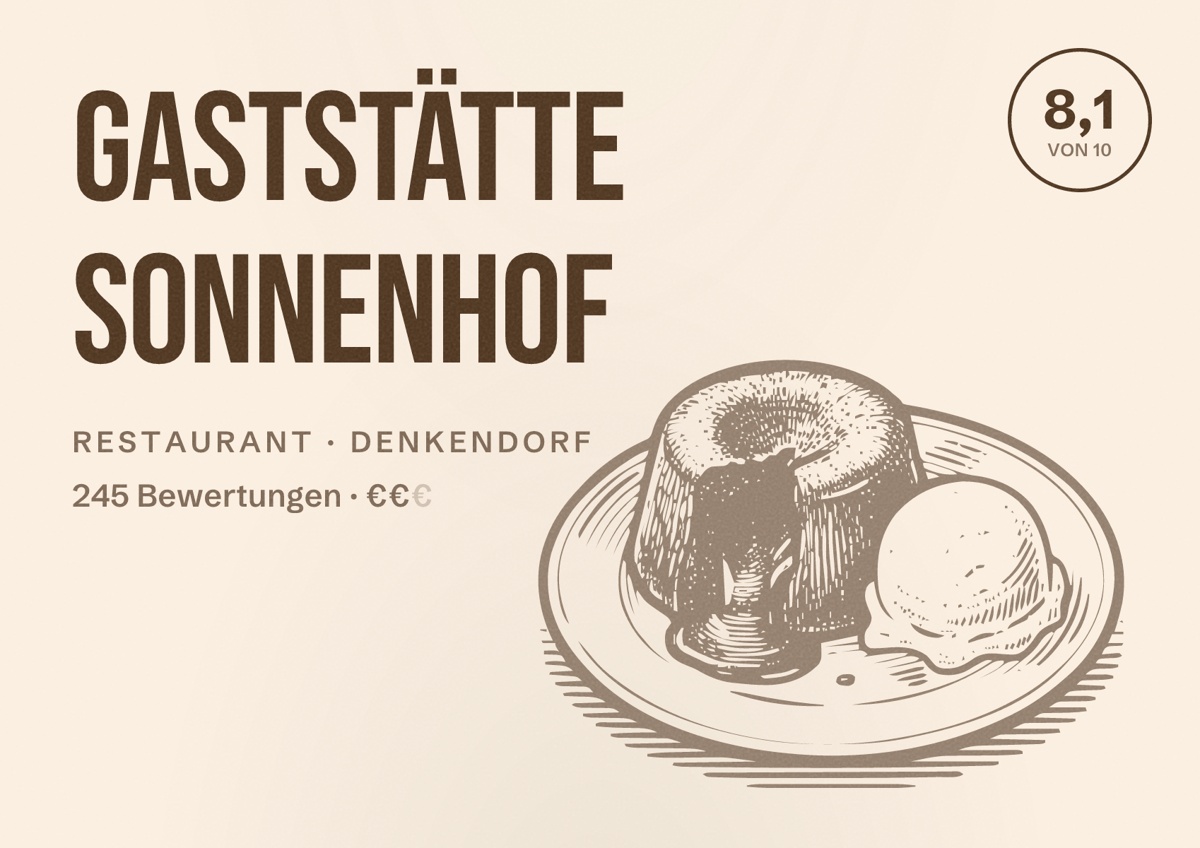 Illustriertes Poster von Gaststätte Sonnenhof, Restaurant in Denkendorf: Bewertung 8,1 von 10 aus 245 Bewertungen, Preisniveau €€
