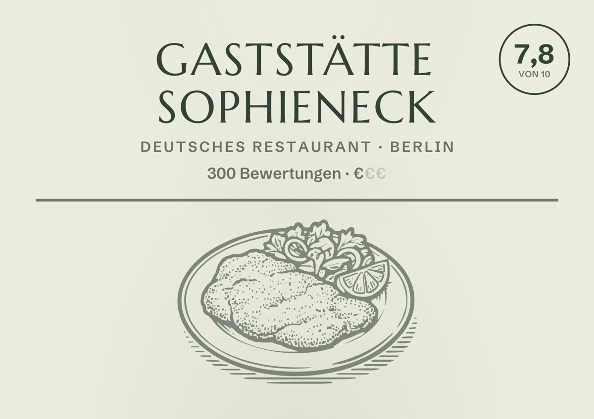 Illustriertes Poster von Gaststätte Sophieneck, Deutsches Restaurant in Berlin: Bewertung 7,8 von 10 aus 300 Bewertungen, Preisniveau €
